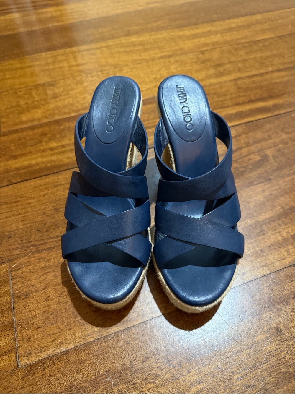 Jimmy Choo Navy Crisscross Wedge Sandals